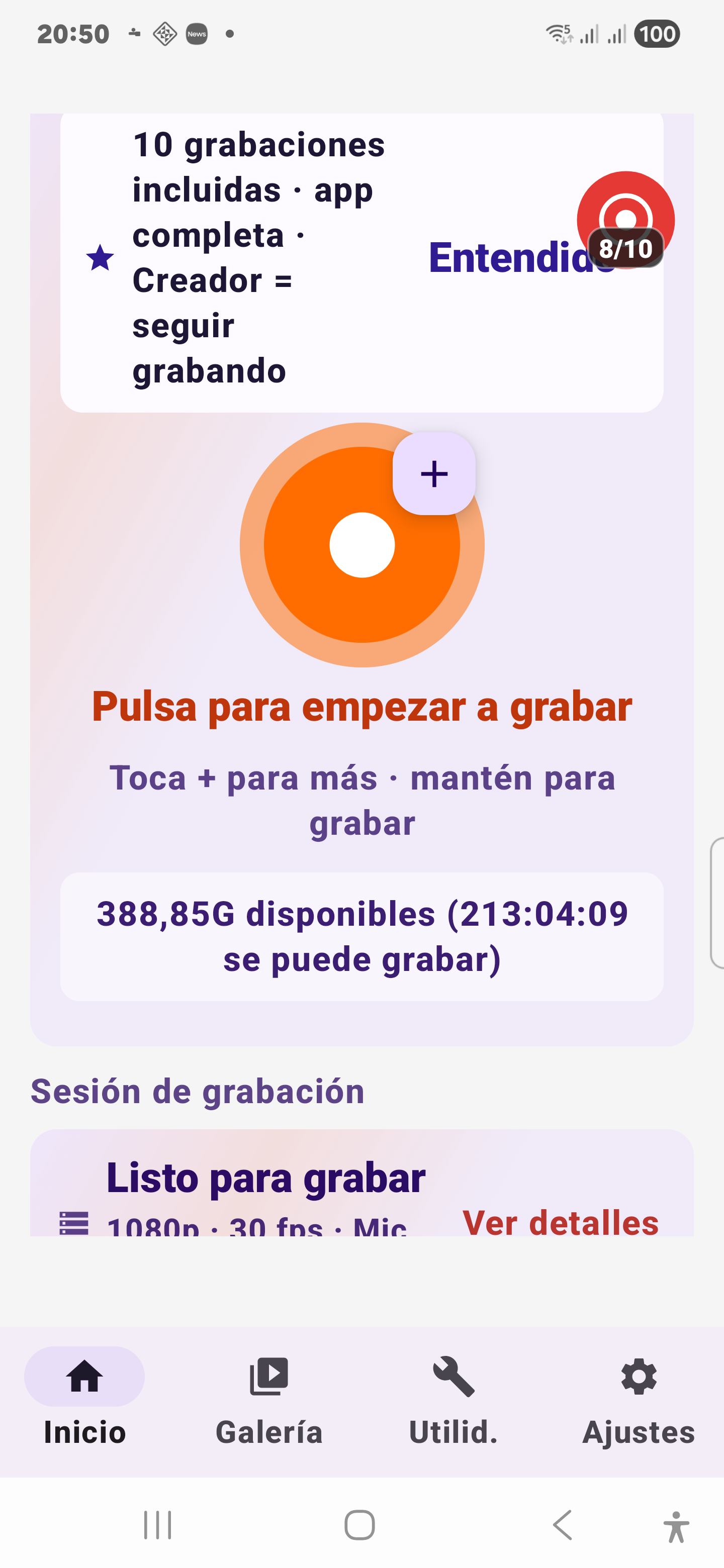 Pantalla de inicio de Orfeo Record
