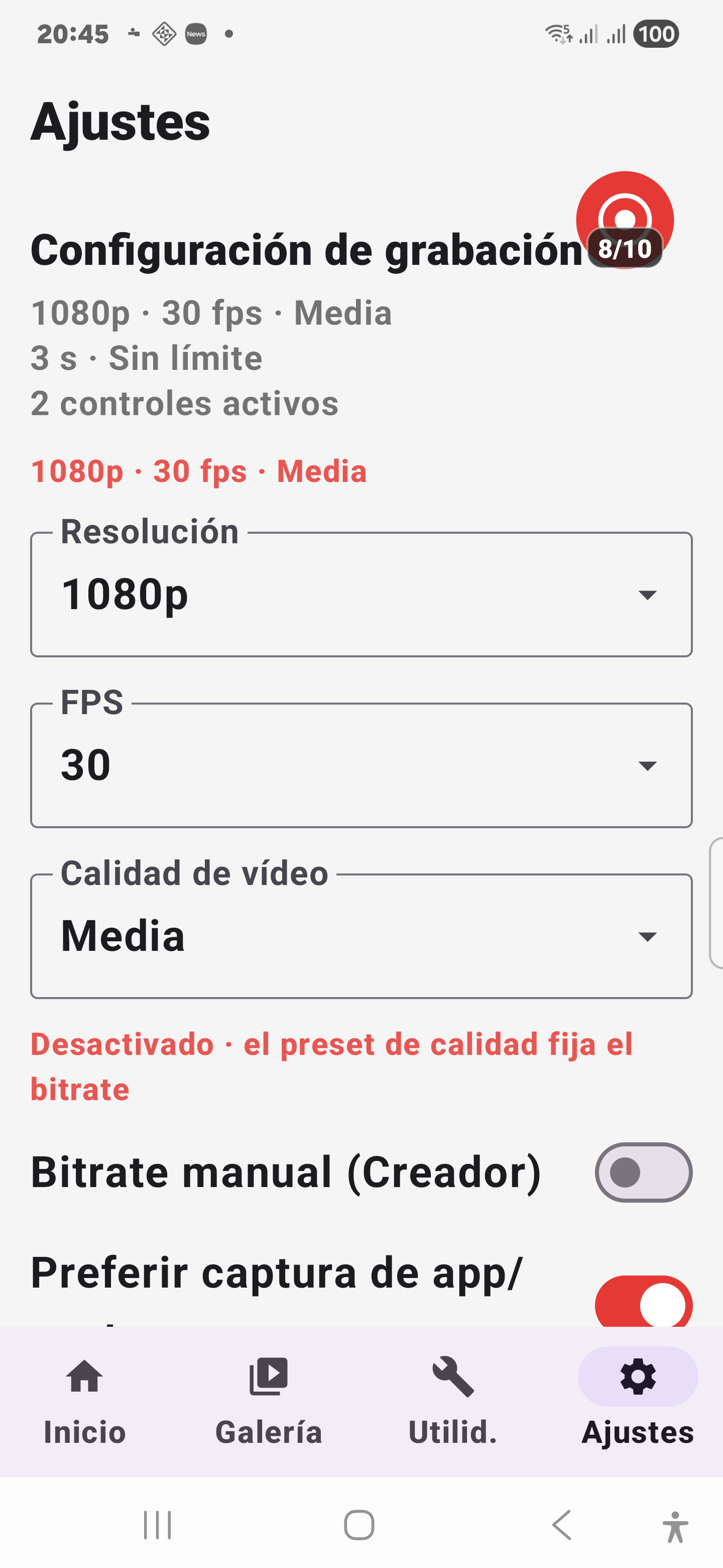Ajustes de grabación