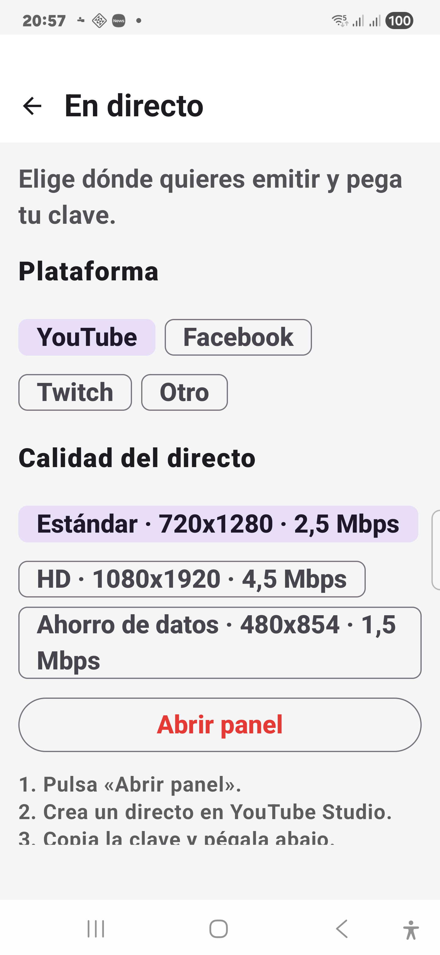 Pantalla de directo RTMP