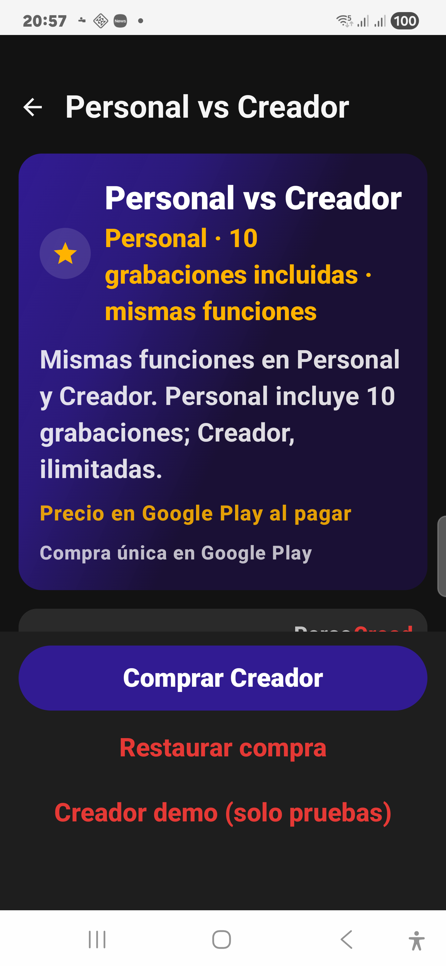 Comparativa Personal vs Creador